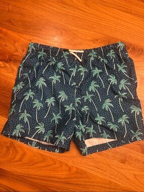 Kids Navy Palm-Print Swim Trunks with Green Palms
